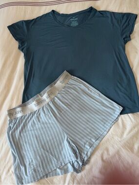Tommy John Deep Teal Short Sleeve Top with Light Blue Striped Lounge Shorts